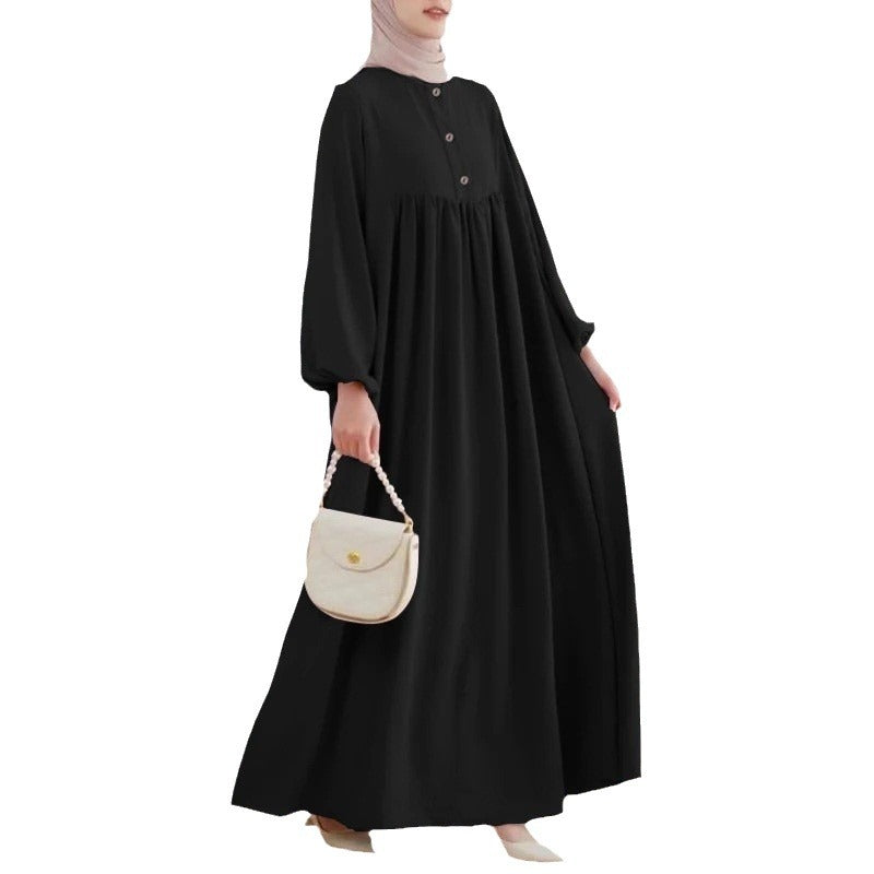 Muslim Women&#039;s Robe Fashion Casual Bubble Sleeve Simple Loose Solid Color Dress