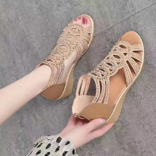 2023 Summer New Style Hollow Mom Shoes Fashionable Fish Mouth Women&#039;s Sandals Wedge Wholesale Foreign Trade Roman Sandals For Women