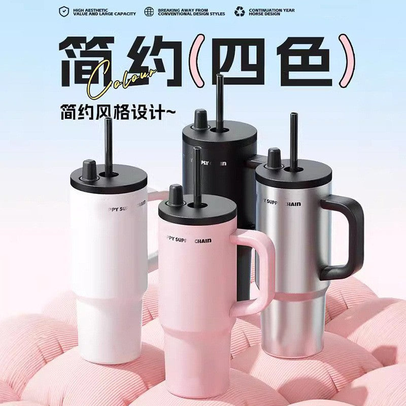 High Color Value 316 Stainless Steel Thermos Cup Large Capacity Handle Straw Cup Portable Cold Ice Cup Straw Cup