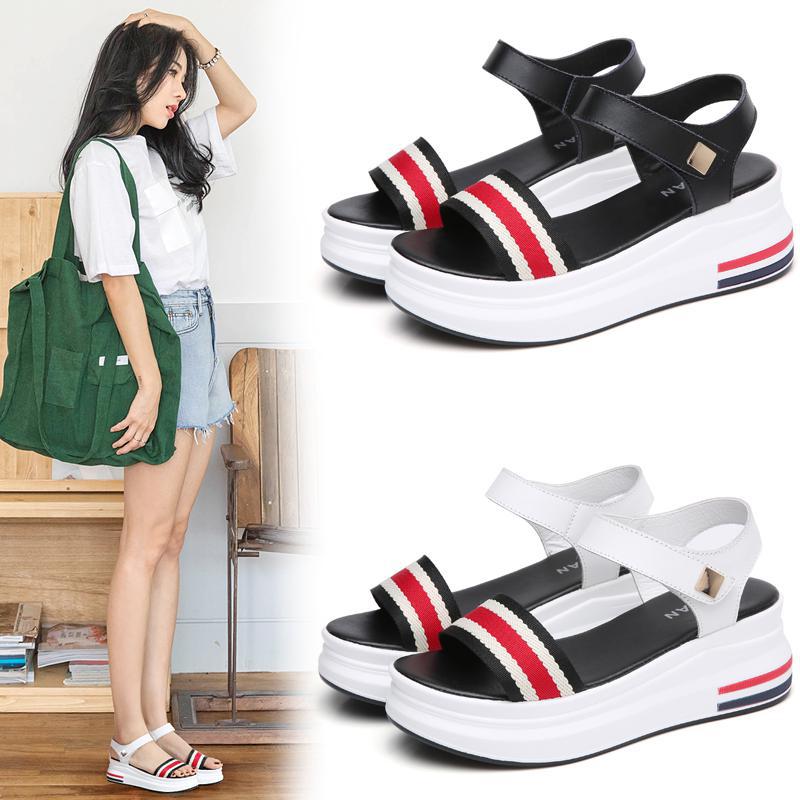 On Behalf Of The New Summer Casual Korean Version Of The Thick Bottom To Increase The Lightweight Velcro Non-slip Wear-resistant Student Sports Sandals Women