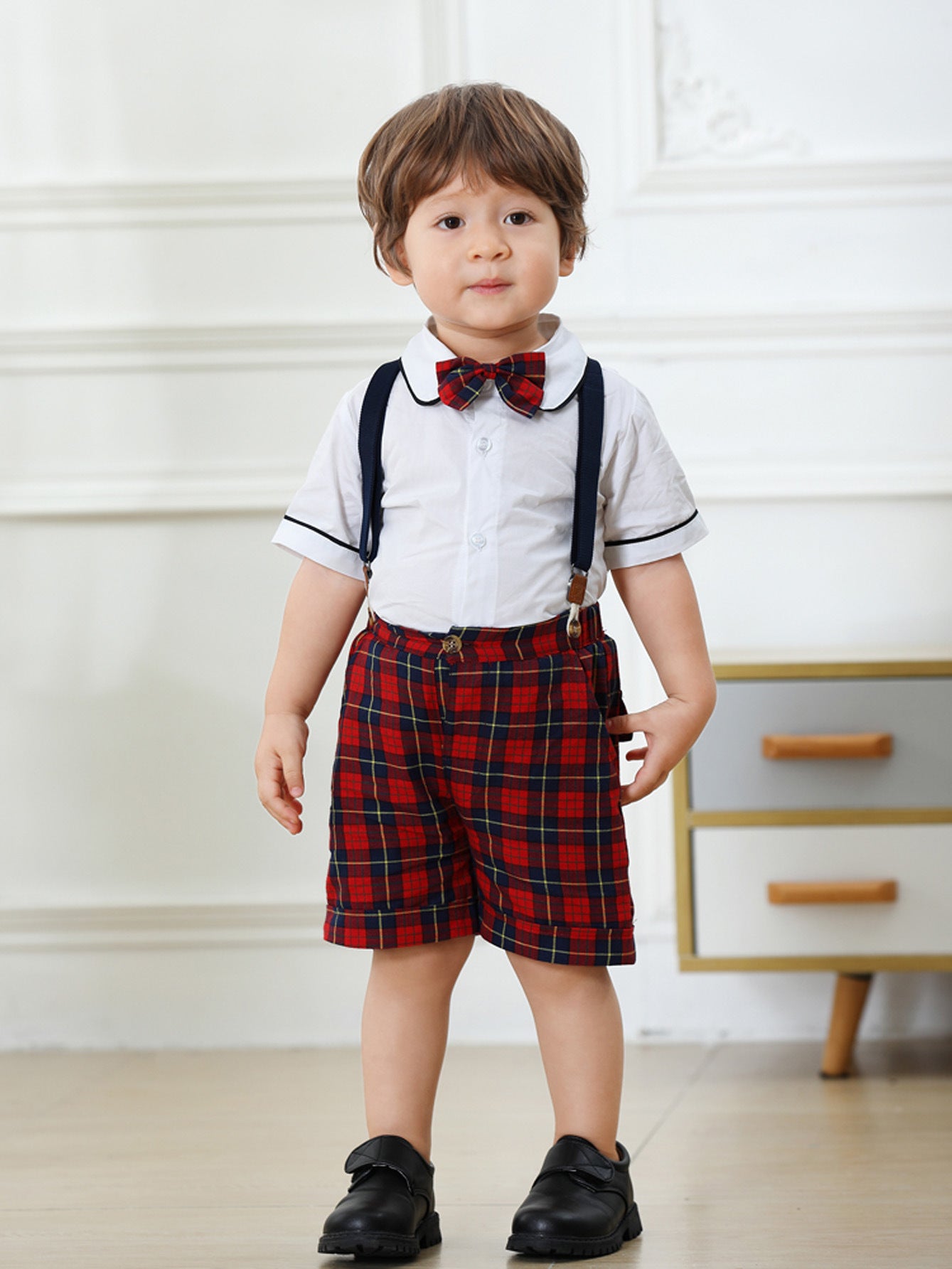 Cross-border Fashion Gentlemen&#039;s Dress For Boys And Girls Summer New Short-sleeved Plaid Shorts Suit Children&#039;s Performance Suit Brother And Sister Suit