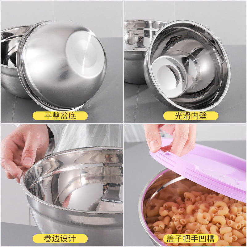 Salad Basin Cooking Basin Stainless Steel Kneading Basin Egg Beating Basin Mixing Basin Multi-purpose Cold Mixing Basin American Salad Basin With Lid