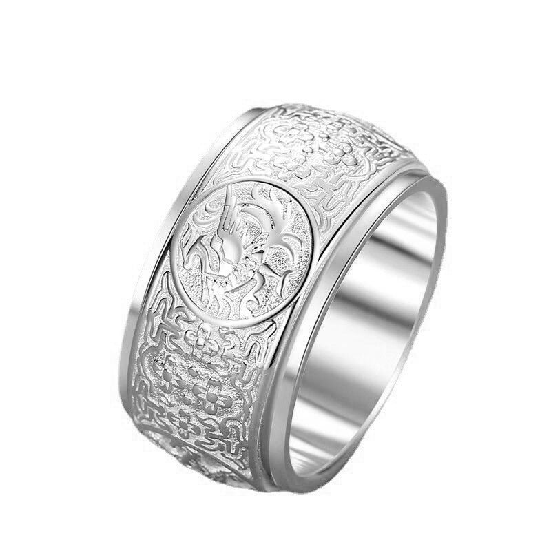 Sterling Silver 999 Pure Silver Men&#039;s Ring Domineering Personality Four Gods Beast Bully Rotatable Width Plus Size Trendy Single Food