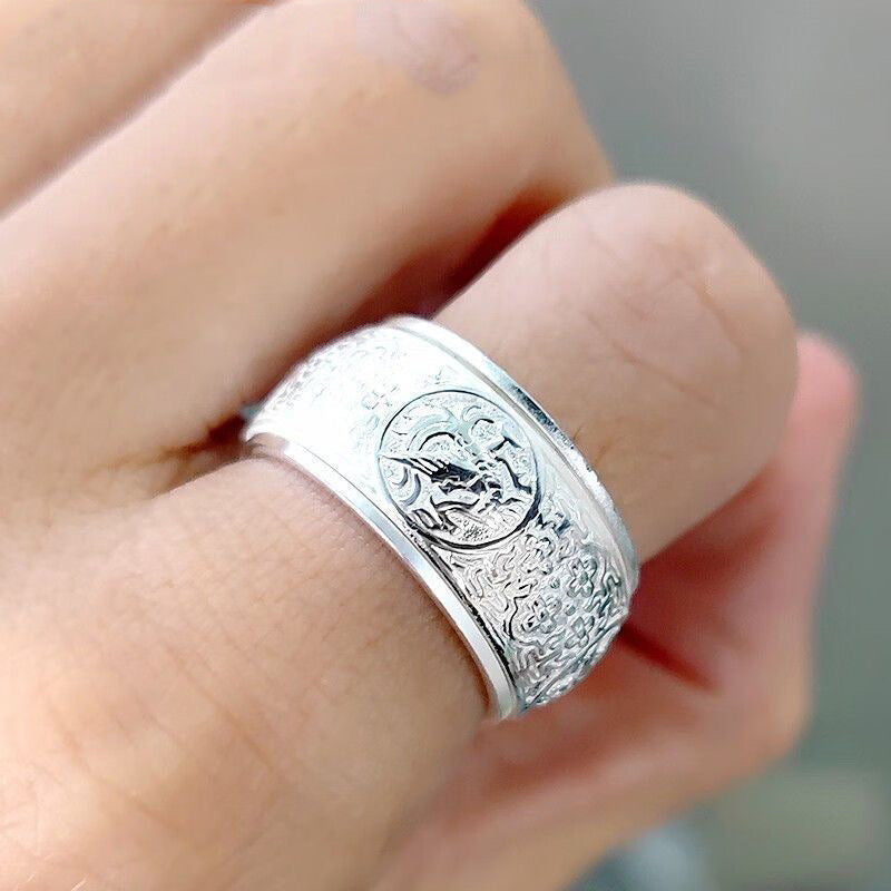 Sterling Silver 999 Pure Silver Men&#039;s Ring Domineering Personality Four Gods Beast Bully Rotatable Width Plus Size Trendy Single Food