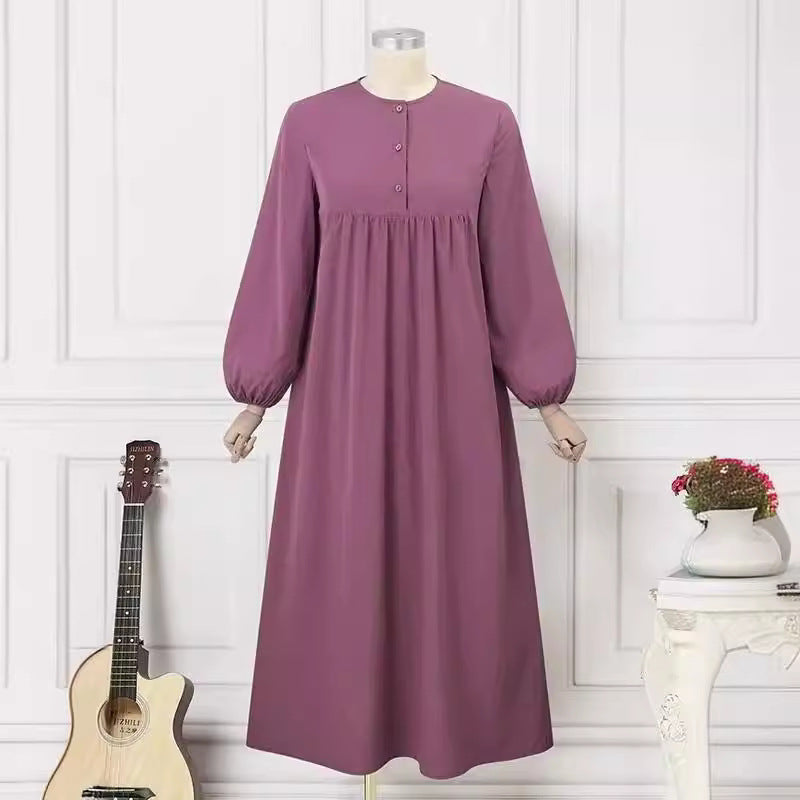 Muslim Women&#039;s Robe Fashion Casual Bubble Sleeve Simple Loose Solid Color Dress