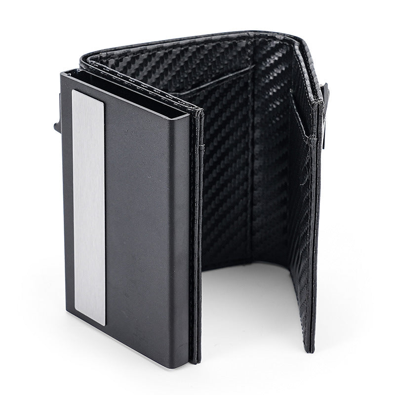 Carbon Fiber Pattern Automatic Pop-up Card Bag Men&#039;s Airtag Positioning Tracker Wallet Magnetic Metal Aluminum Card Case