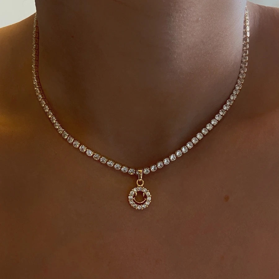 Ins Niche Smiley Gold Plated Diamond Zircon Neck Chain Choker Clavicle Necklace