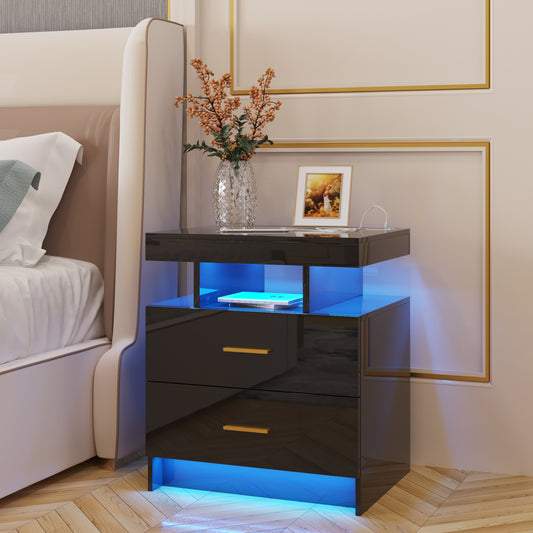 LED Lamp Bedside Table Human Body Induction USB Port Side Table With Drawer/open Storage Table Side Cabinet