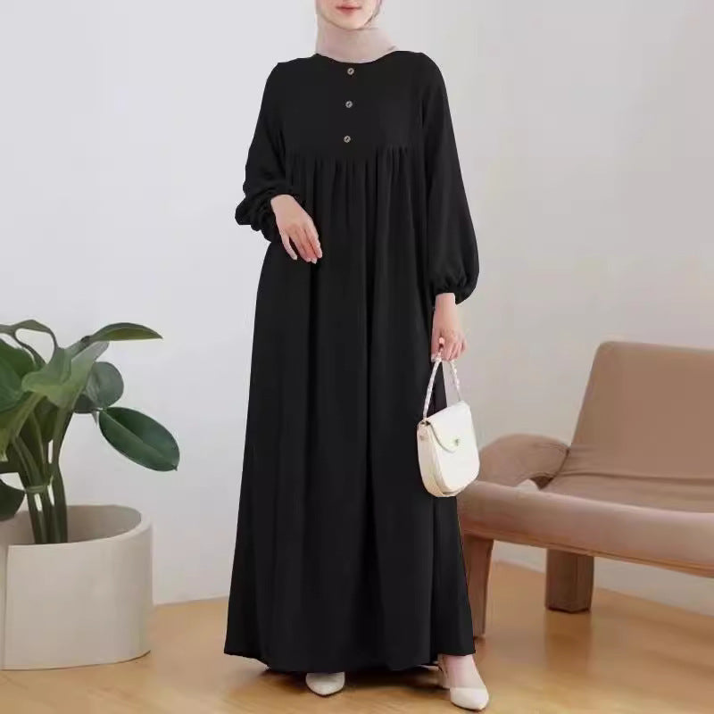 Muslim Women&#039;s Robe Fashion Casual Bubble Sleeve Simple Loose Solid Color Dress