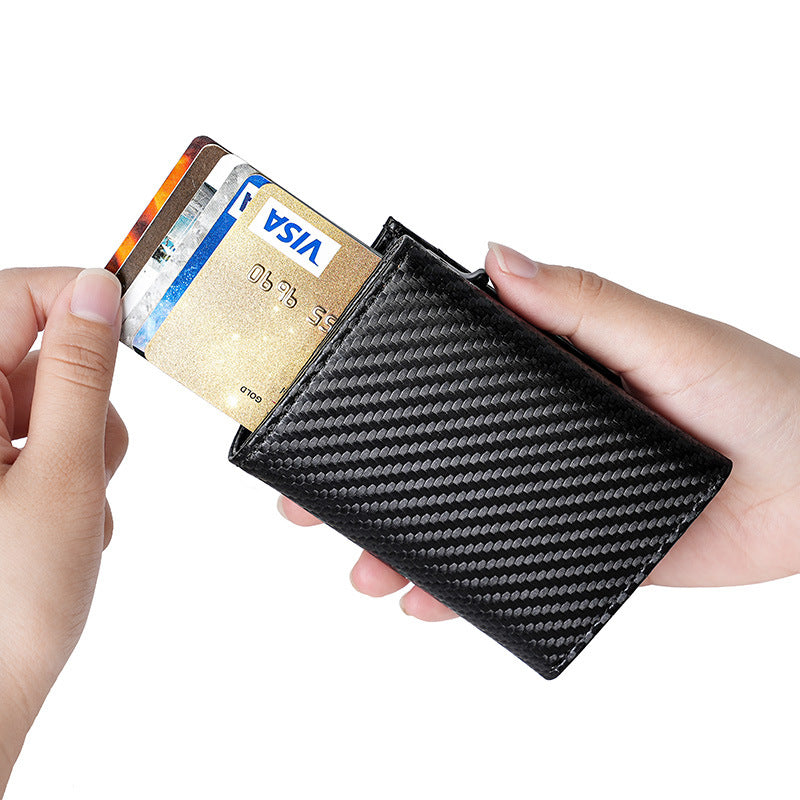 Carbon Fiber Pattern Automatic Pop-up Card Bag Men&#039;s Airtag Positioning Tracker Wallet Magnetic Metal Aluminum Card Case