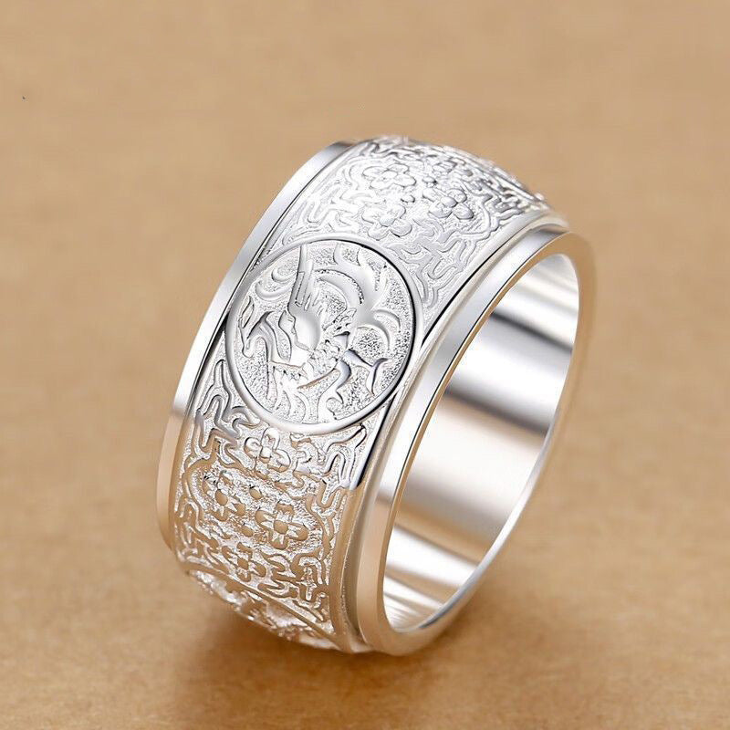 Sterling Silver 999 Pure Silver Men&#039;s Ring Domineering Personality Four Gods Beast Bully Rotatable Width Plus Size Trendy Single Food