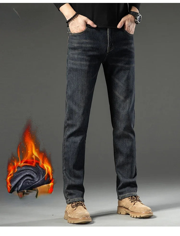 2025 New In Winter Fleece  Warm Jeans Thick Straight  Slim Fit Stretch Fashion Brand Casual Jean Baggy Vintage