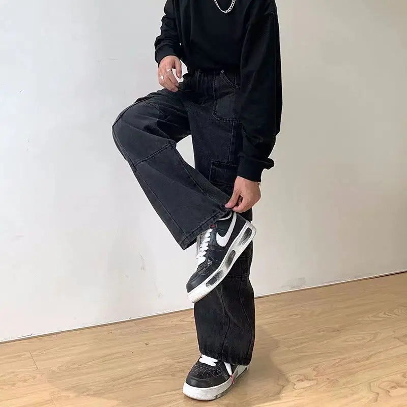 Men's Cargo Pants High Street Multi-pocket Black Gray Work Pants for Men Loose Trousers High Waist Vintage Straight-leg Jeans