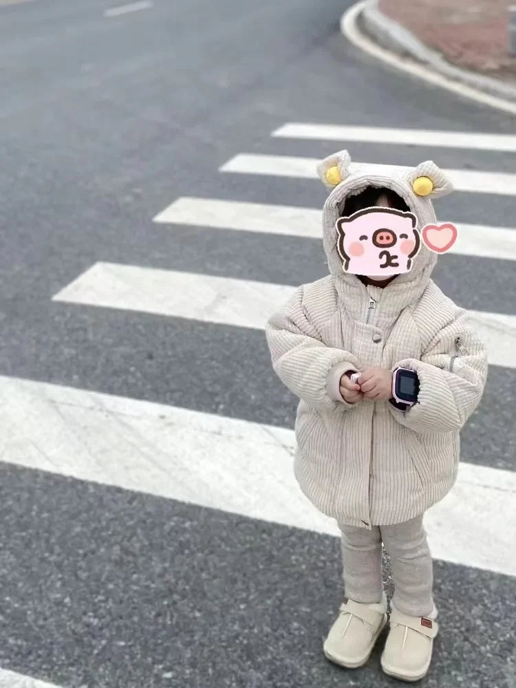 Children's Cartoon Hooded Thickened Cotton Kids Autumn Winter Padded Cotton Warm Jackets Child Corduroy Outwear