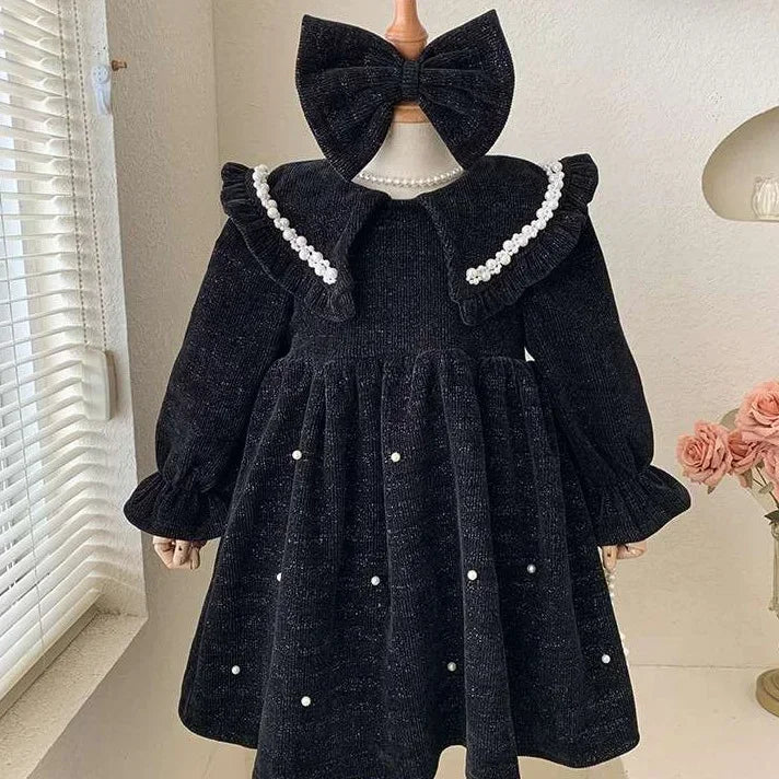 Autumn and Winter Thickening Flip Collar Dress 3-8 Year Old Girl Velvet Pearl Dress New Fashionable Red New Year Clothing