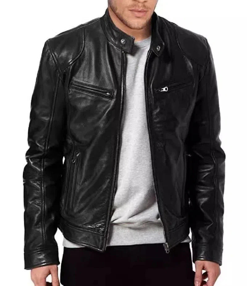 Fall and Winter Men's Leather Jacket Men's Stand-up Collar Jacket Zipper Biker Leather Jacket Casual Slim Leather Jacket