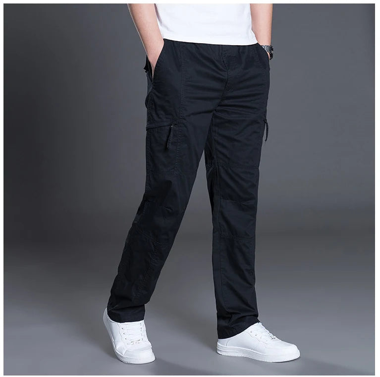 Big Size Men's Cargo Trousers Straight Leg Work Pant Men Loose Fit Cotton Summer Wide Overalls Male Side Multi Pocket Large Size