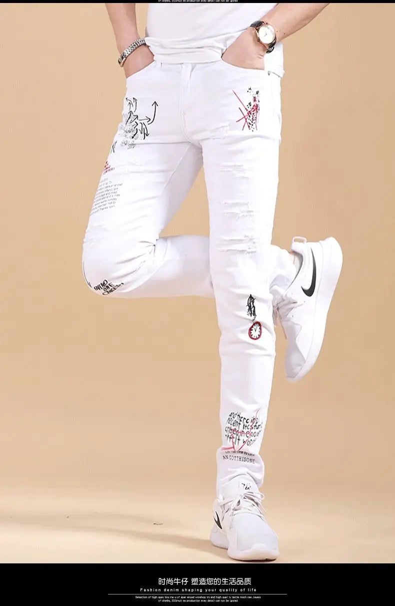 Harajuku Korean Luxury Clothing Men's White Slim Jeans with Printed Ripped Holes Autumn Hip Hop Distressed Cotton Trousers Male