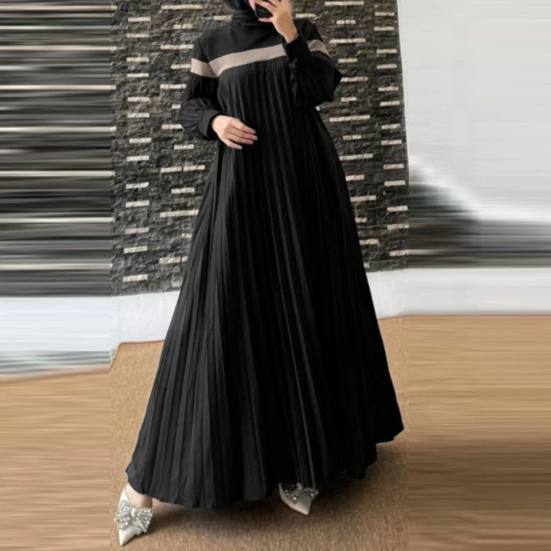 ZANZEA Autumn Long Lantern Sleeve Sundress Women Muslim Dress Turkey Abaya Islamic Dubai Robe Elegant Patchwork Pleated Vestidos