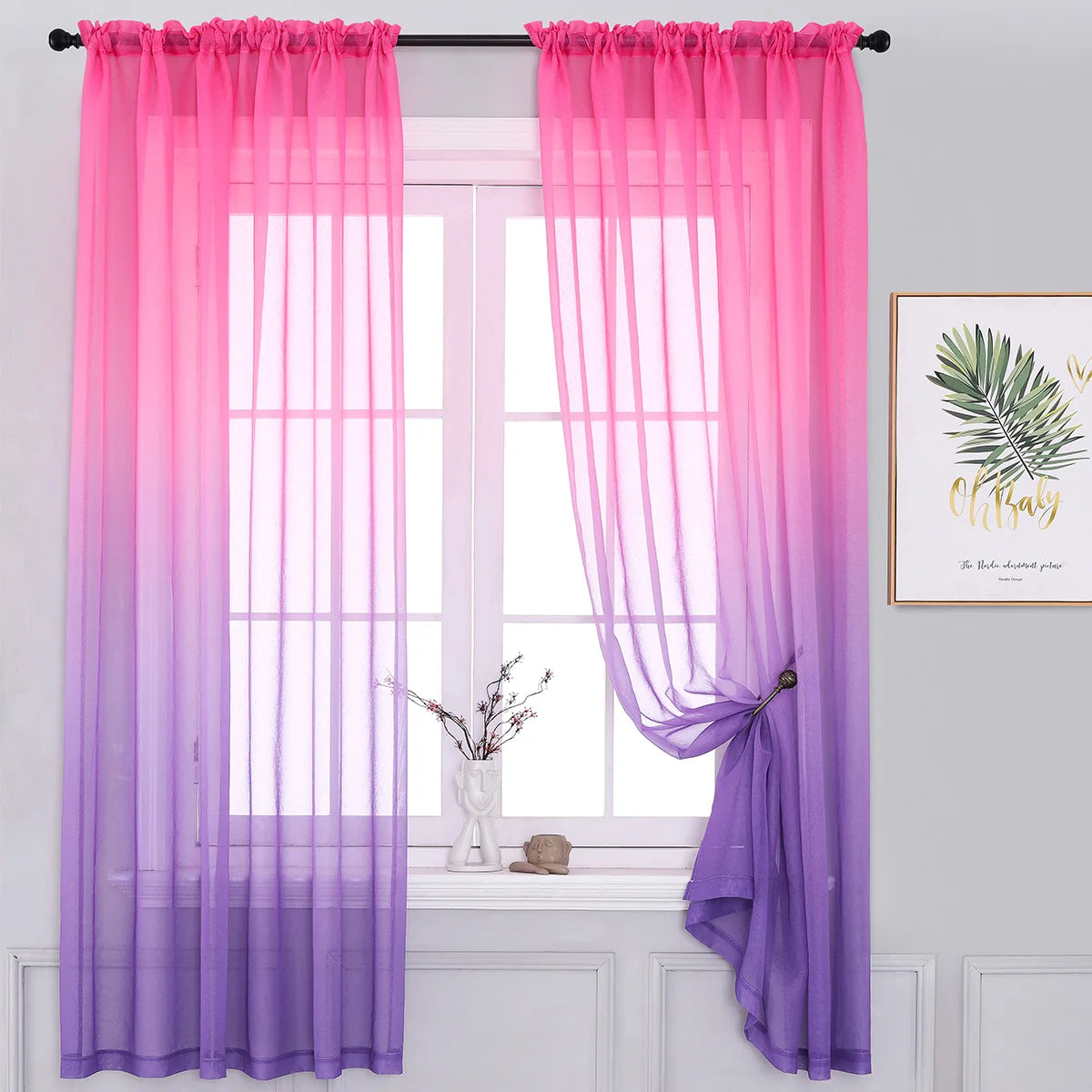 1 Panel Modern Gradient Polyester Pole Piercing Thin Gauze Curtains For Living Room, Bedroom, Kitchen, Curtain Decoration