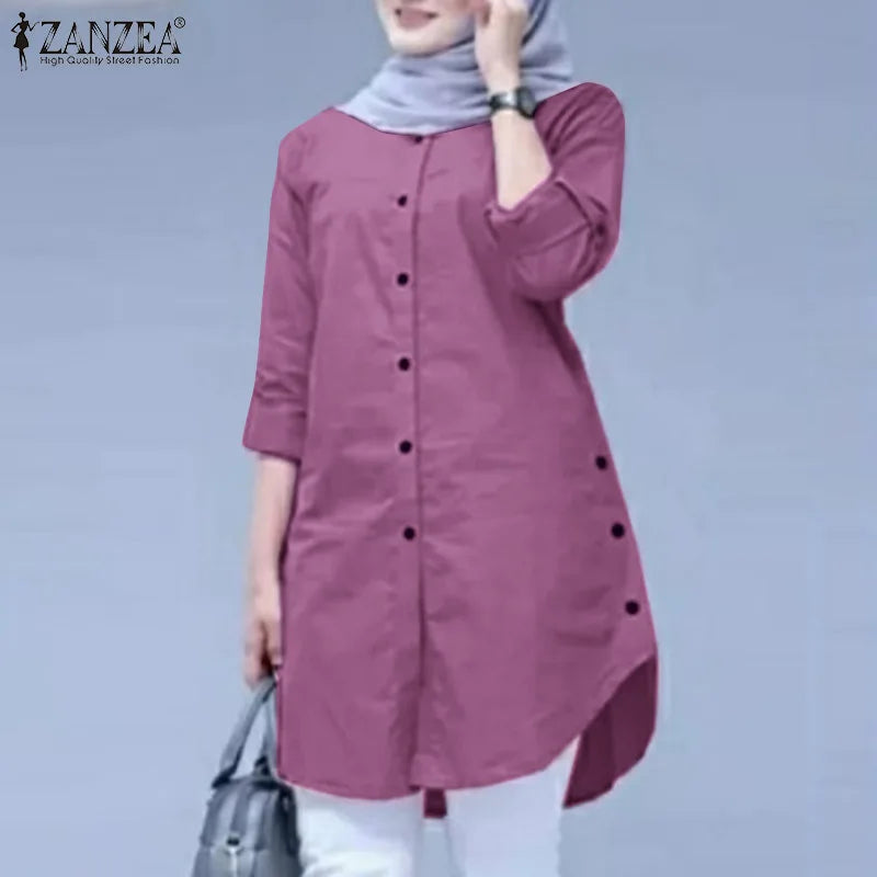 ZANZEA Elegant Abaya Muslim Blouse Woman Long Sleeve O-Neck Tops Casual Holiday Baggy Shirt Fashion Solid Islamic Clothing 2024