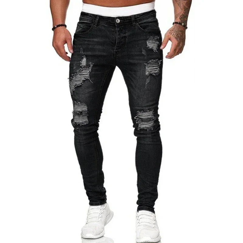 Mens Casual Slim Pencil Denim Pants Europe and America Breaking Holes Grinding White Jeans Men Vintage Wash Solid Denim Trouser