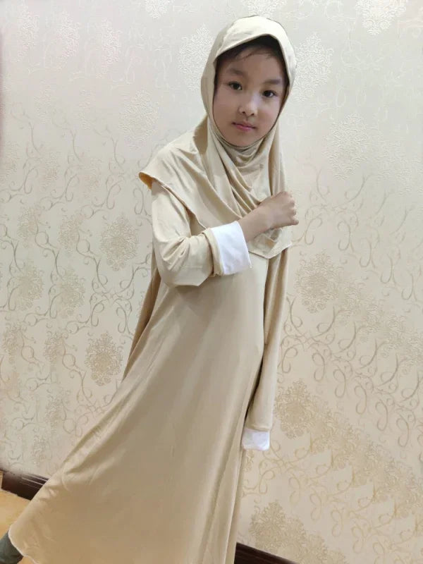 Muslim Kids Girls Prayer Dress Hijab Abaya Robe Arab Dubai Children Ramadan Kaftan Headscarf Islamic Eid Party Gown