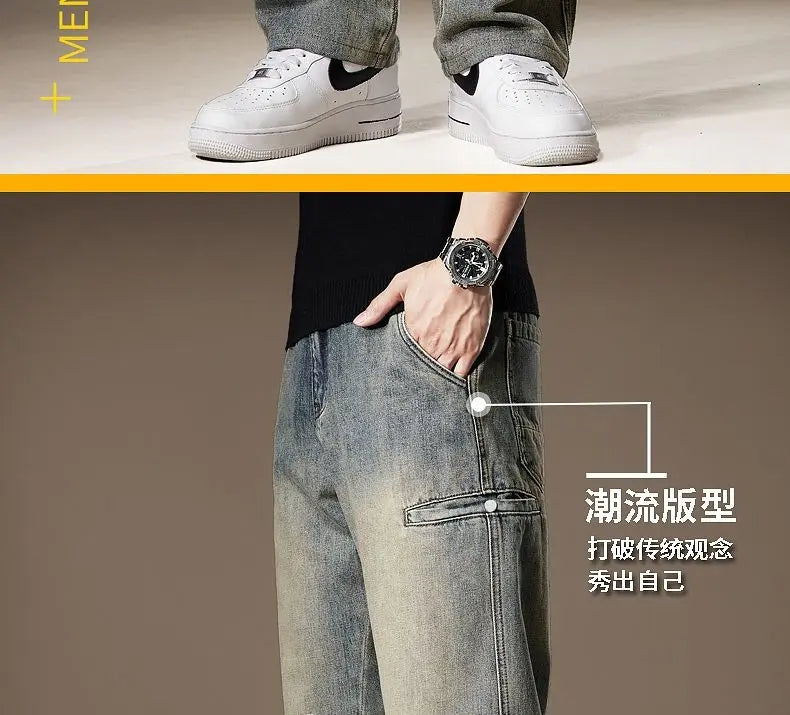 American Vintage High Street Spring Summer Jeans Men's Solid Patchwork Button Pocket Fashion Casual Loose Cowboy Straight Pants