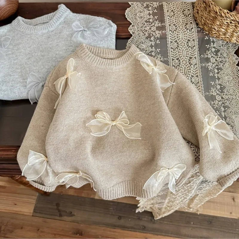 Baby Girl Princess Cotton Knitted Sweater Bow Winter Autumn Spring Infant Toddler Knitwear Dress Outfit Baby Clothes 1-10Y