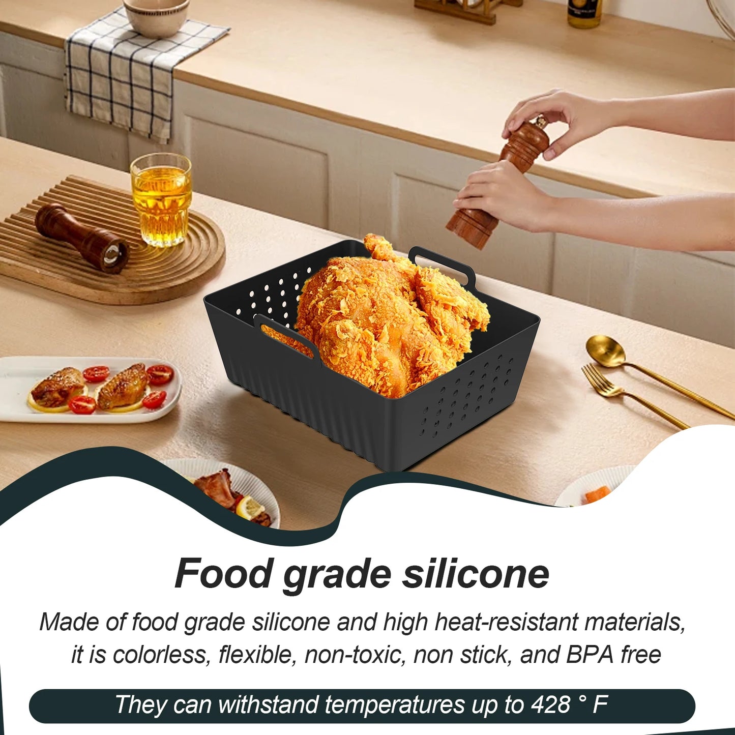 4/2pc Air Fryer Baking Tray Liner Silicone Pot Oven Bake Basket Fried Chicken Pan Pizza Mat Baking Sheet Fruit Veggi Wash Basket