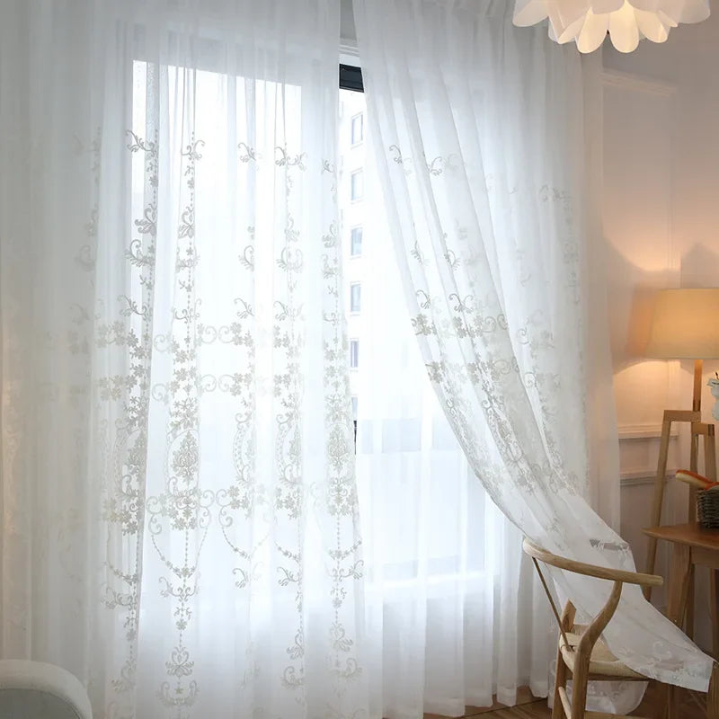 High-grade White Embroidery Flower Screens European Style Voile Tulle Sheer for Bedroom Living Room Windows Curtain Curtains