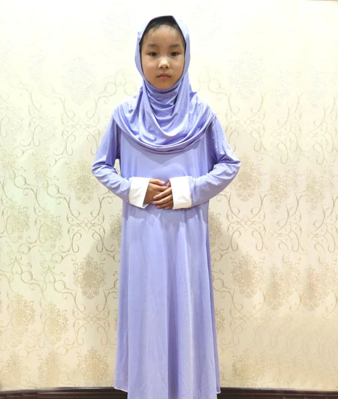 Muslim Kids Girls Prayer Dress Hijab Abaya Robe Arab Dubai Children Ramadan Kaftan Headscarf Islamic Eid Party Gown