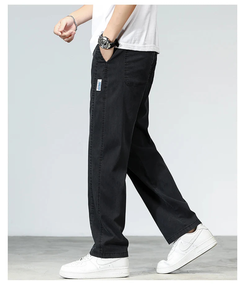 New Summer Lyocell Fabric Men's Jeans Pants Lightweight Straight Loose Quality Sweatpants Casual  Soft Wide Leg Long Trousers