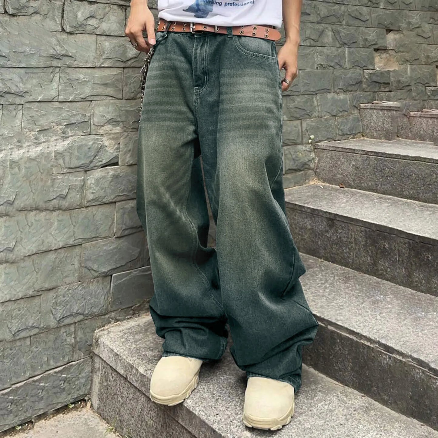 Men Baggy Denim Pants Wide Leg High Waist Belt Casual Trousers Loose Plus Size Stylish Streetwear Men's Hip Hop Streetwear