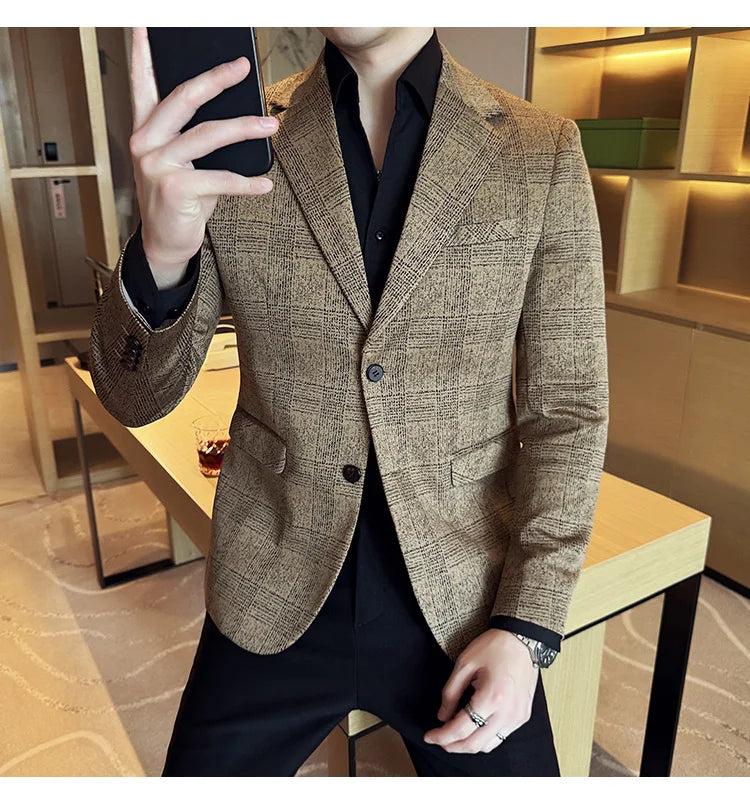 Men's British Style Fashionable Luxury Suit Jacket High-quality Plaid Slim Fit Business Social Blazer Wedding Dress Party Jacket