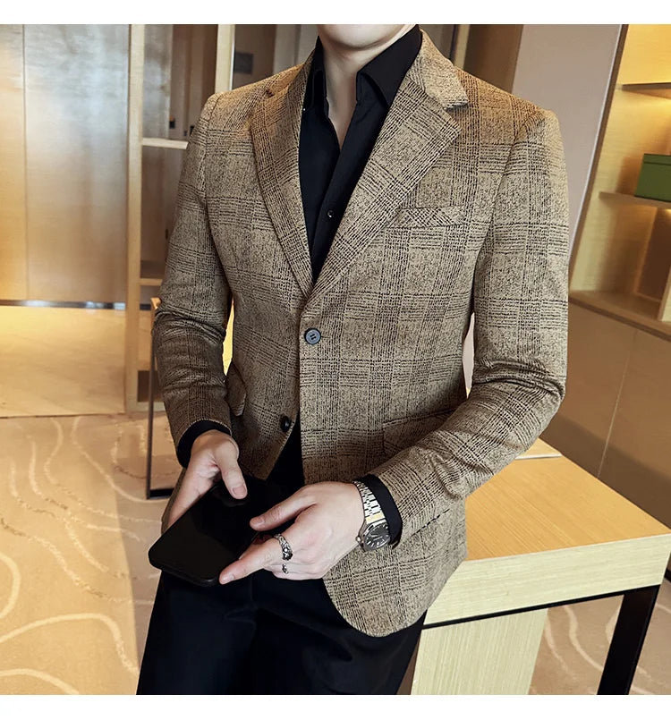 Men's British Style Fashionable Luxury Suit Jacket High-quality Plaid Slim Fit Business Social Blazer Wedding Dress Party Jacket