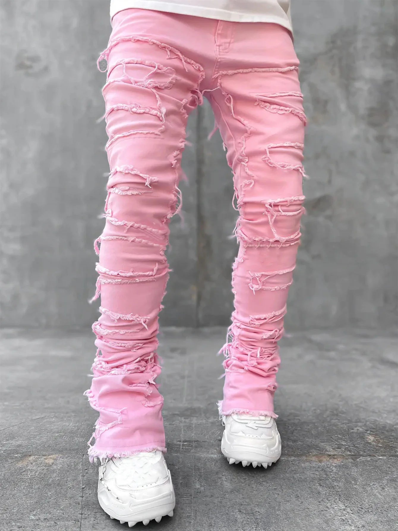 Printing Stretched Men's Stacked Jeans Patchwork Tassel Damaged Trousers For Male High Street Hip-pop Full Length Denim Pants