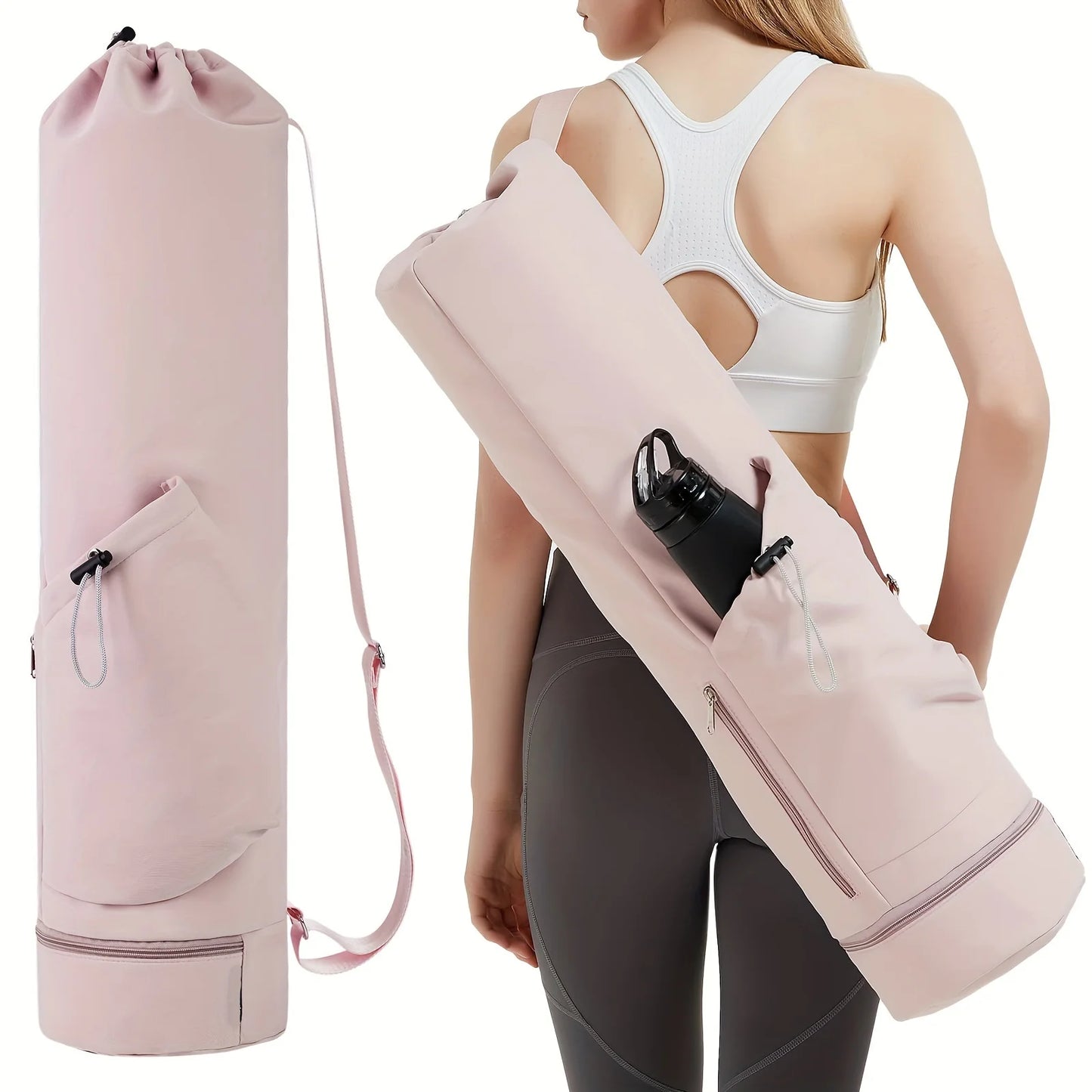 Yoga mat bag with water bottle pocket and bottom wet bag. Sports yoga mat with shoulder strap and multifunctional storage bag