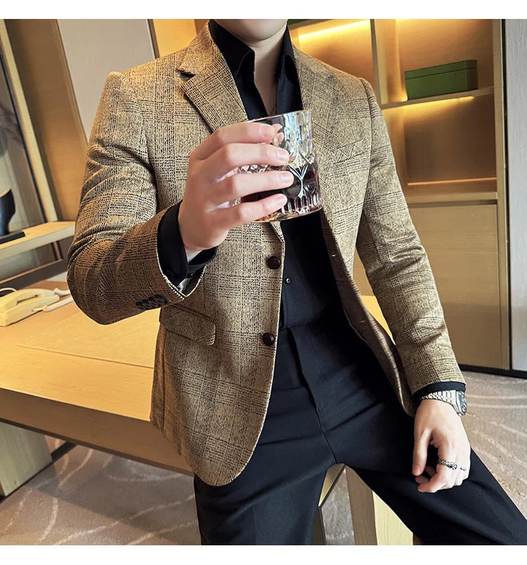 Men's British Style Fashionable Luxury Suit Jacket High-quality Plaid Slim Fit Business Social Blazer Wedding Dress Party Jacket