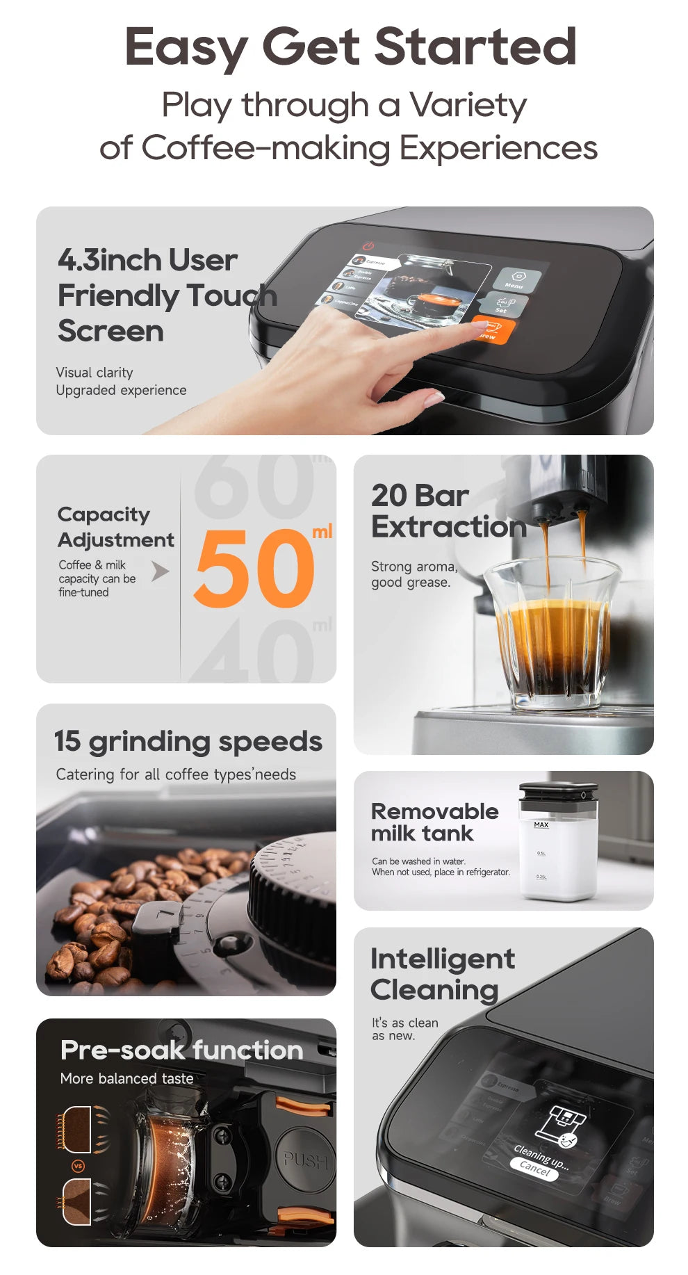 HiBREW Fully Automatic Espresso Machine Cappuccino Milk System 6 Coffee Varieties Intuitive Touch Display With Grinder H16