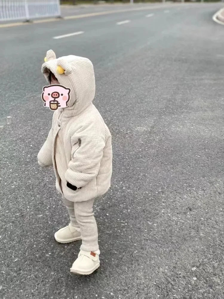 Children's Cartoon Hooded Thickened Cotton Kids Autumn Winter Padded Cotton Warm Jackets Child Corduroy Outwear