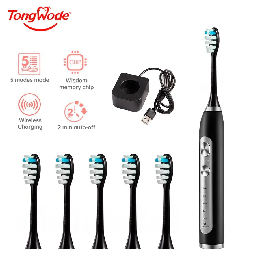 Tongwode Ultrasonic Electric Toothbrush Wireless Charging IPX7 Waterproof Replacement Heads Whitening Teeth Timer Smart Brush