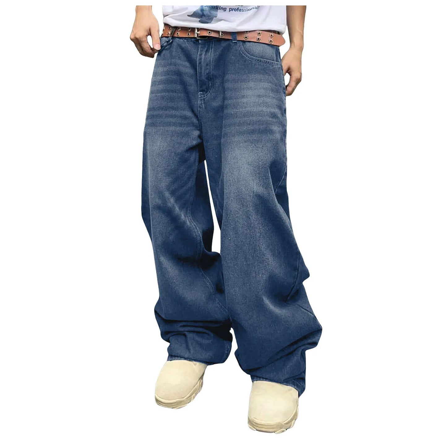 Men Baggy Denim Pants Wide Leg High Waist Belt Casual Trousers Loose Plus Size Stylish Streetwear Men's Hip Hop Streetwear