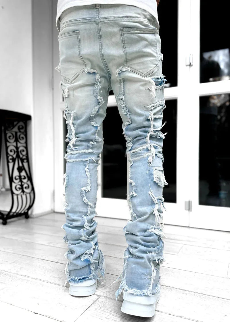 Printing Stretched Men's Stacked Jeans Patchwork Tassel Damaged Trousers For Male High Street Hip-pop Full Length Denim Pants