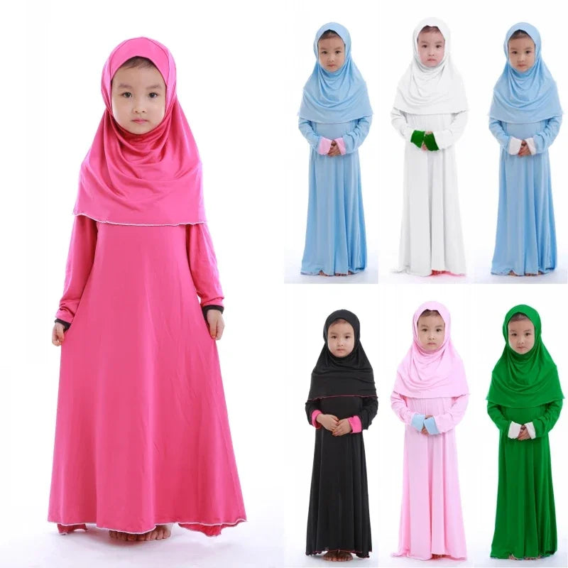 Muslim Kids Girls Prayer Dress Hijab Abaya Robe Arab Dubai Children Ramadan Kaftan Headscarf Islamic Eid Party Gown