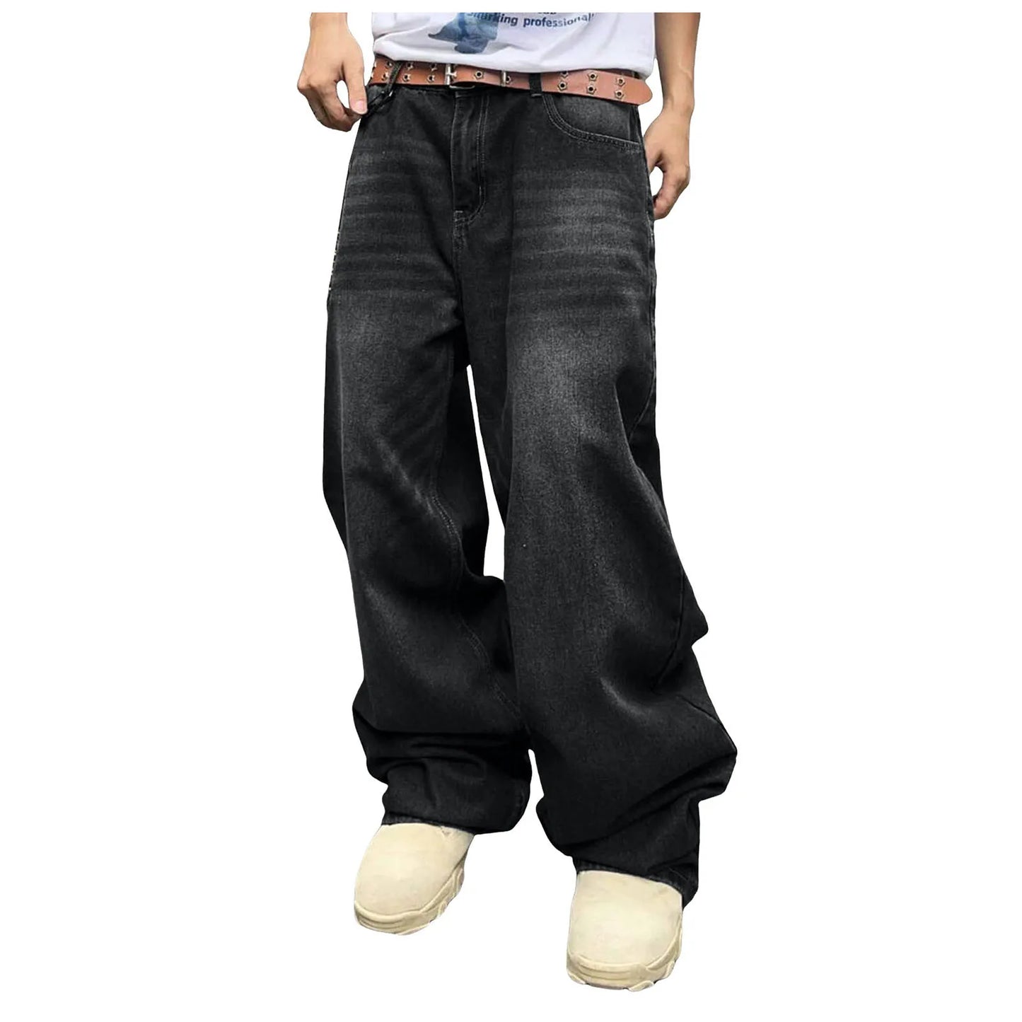 Men Baggy Denim Pants Wide Leg High Waist Belt Casual Trousers Loose Plus Size Stylish Streetwear Men's Hip Hop Streetwear