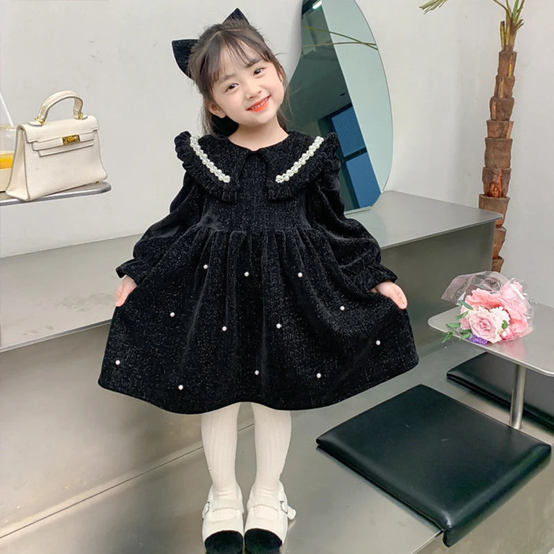 Autumn and Winter Thickening Flip Collar Dress 3-8 Year Old Girl Velvet Pearl Dress New Fashionable Red New Year Clothing