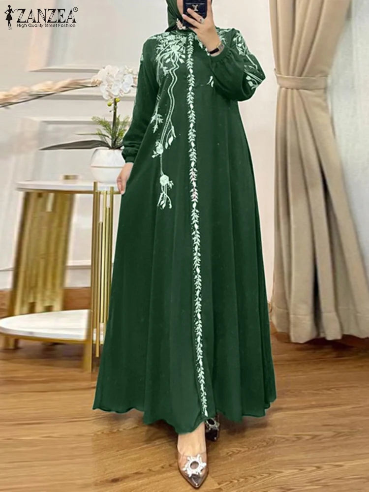 ZANZEA Turkey Islamic Autumn Maxi Vestidos Muslim Hijab Loose Bohemian Women Long Dresses Floral Print Holiday Casual Abaya Robe