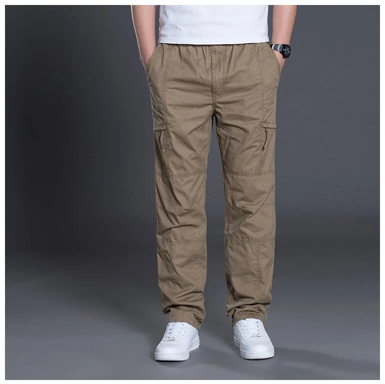 Big Size Men's Cargo Trousers Straight Leg Work Pant Men Loose Fit Cotton Summer Wide Overalls Male Side Multi Pocket Large Size