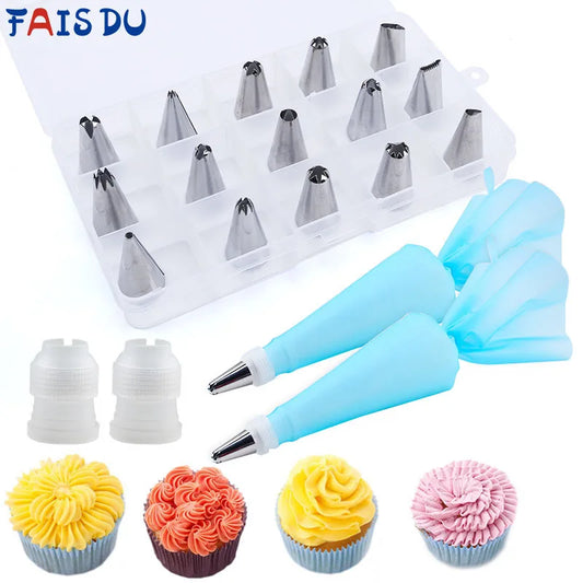 FAIS DU 19 Pcs Cake Decorating Tools With Box Pastry Bag Supplies Cupcake for Baking Confectionery Sleeve Stainless Steel Case